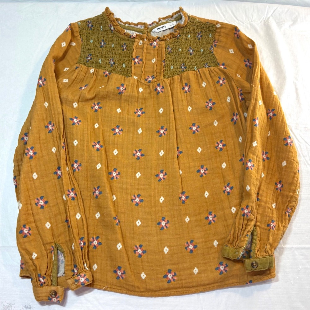 Sonoma Goods For Life Womens Large Mustard Yellow Floral Cotton‎ Gauze Blouse L